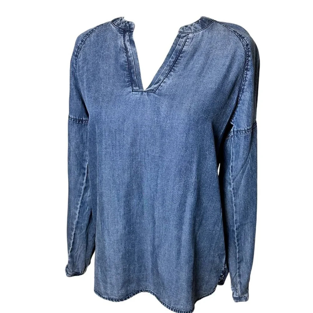 LIVERPOOL Lyocell Denim Chambray V Neck Balloon Sleeve Blouse Top Shirt- size XS